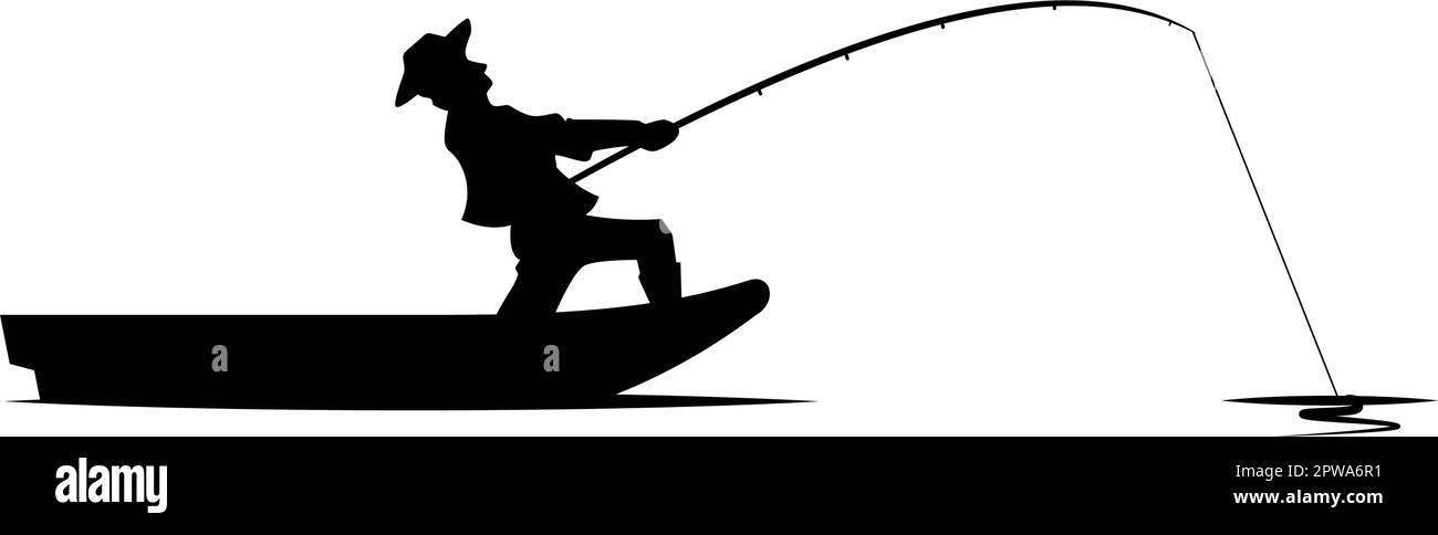 Pescatore sulla barca con illustrazione di colpo con stile di silhouette Illustrazione Vettoriale