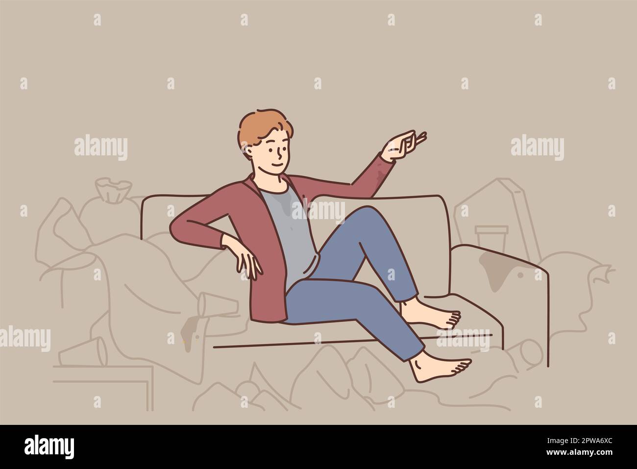 L'uomo si siede sul divano circondato da rifiuti Illustrazione Vettoriale