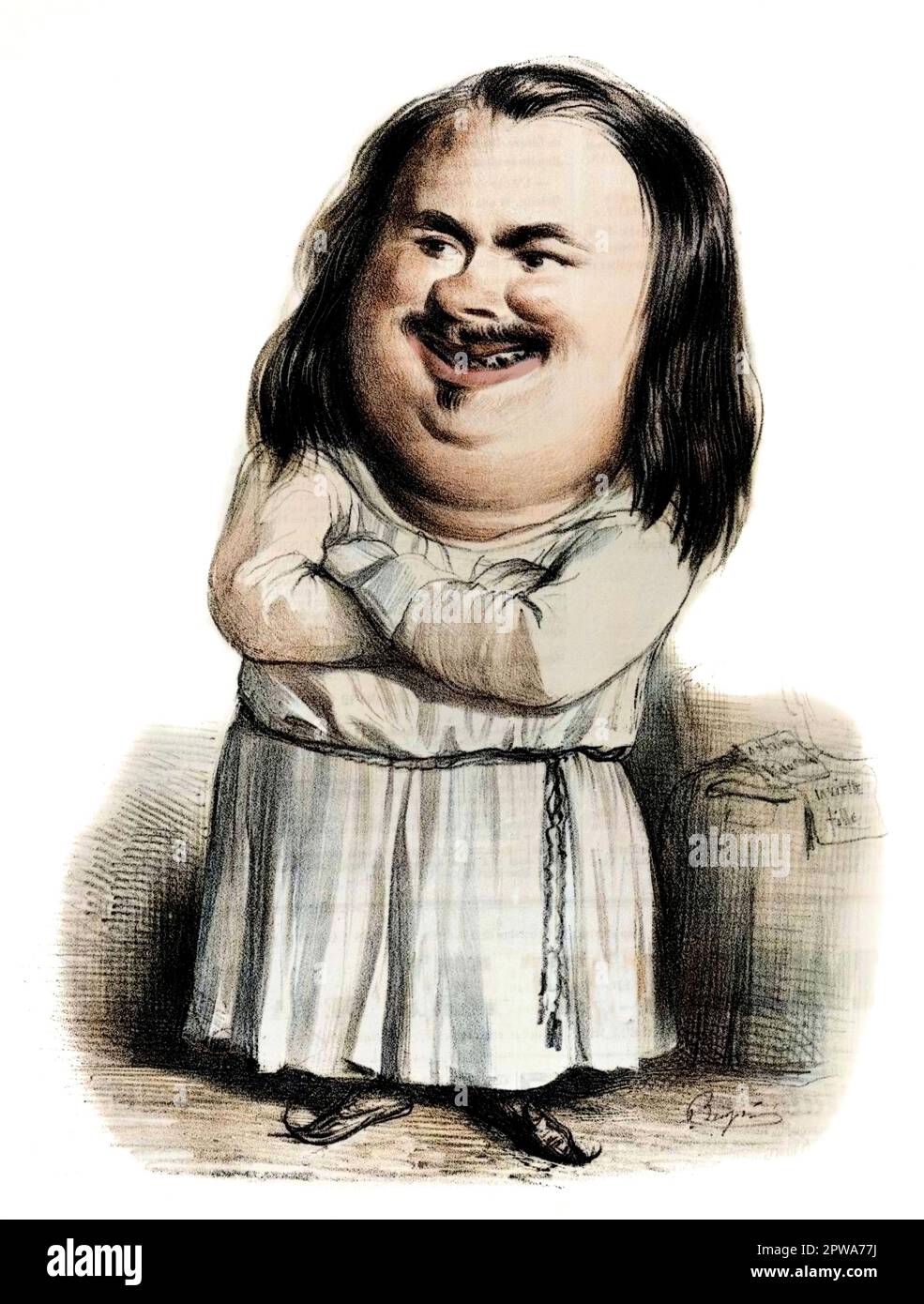 Caricature de Honore de Balzac (1799-1850) en moine - in 'Charivari' du 12/10/1838 - Colorisation d'apres l'originale Foto Stock