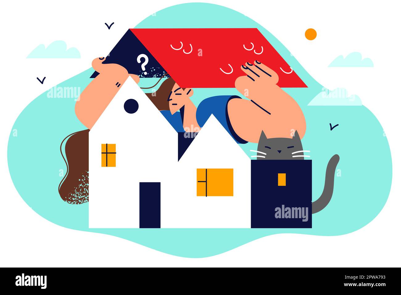 La donna perplessa guarda fuori dalla casa in miniatura con il tetto sollevato sopra la testa, si trova accanto al gatto Illustrazione Vettoriale
