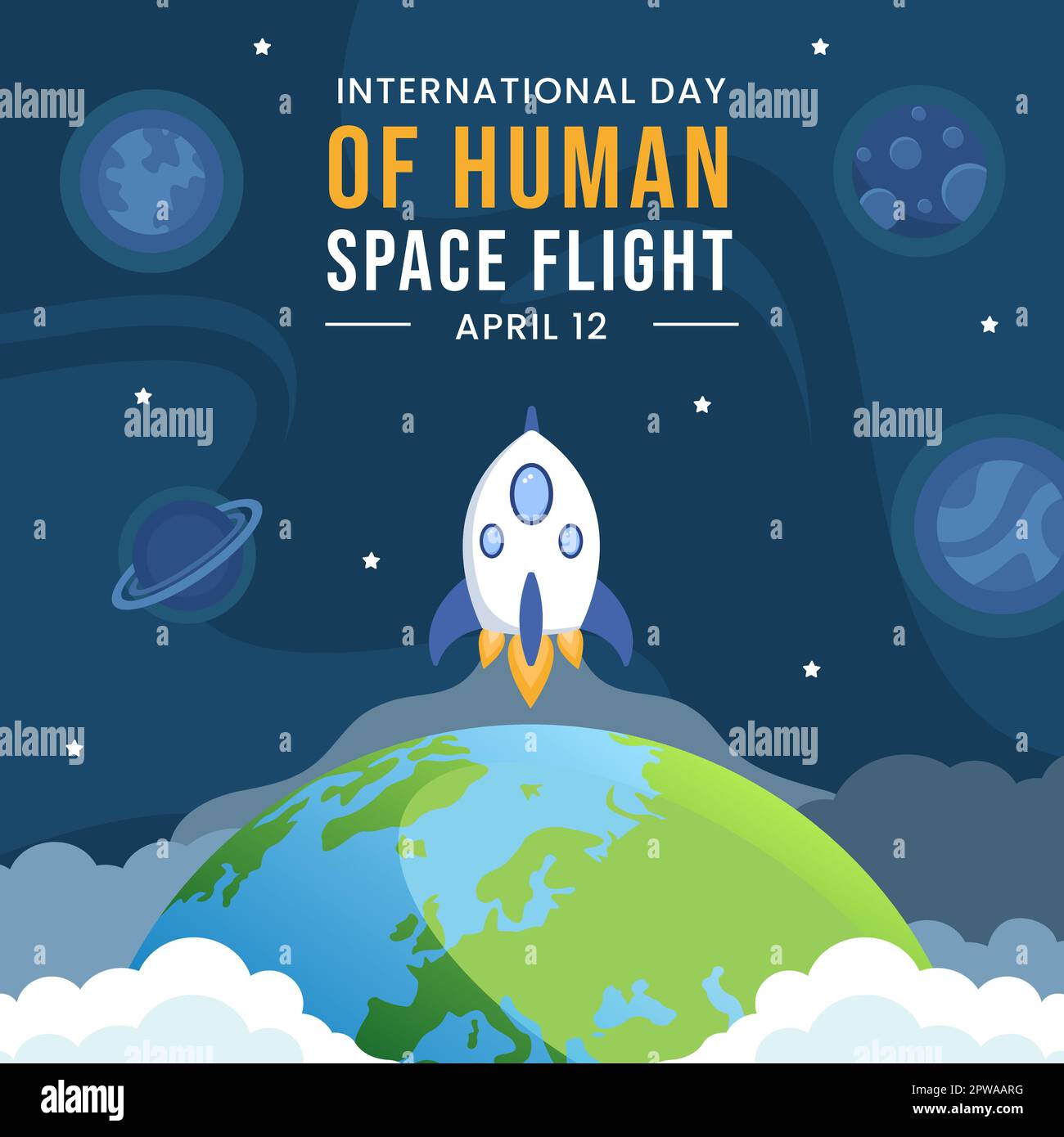 International Human Space Flight Day Social Media background Illustrazione Cartoon modelli disegnati a mano Illustrazione Vettoriale