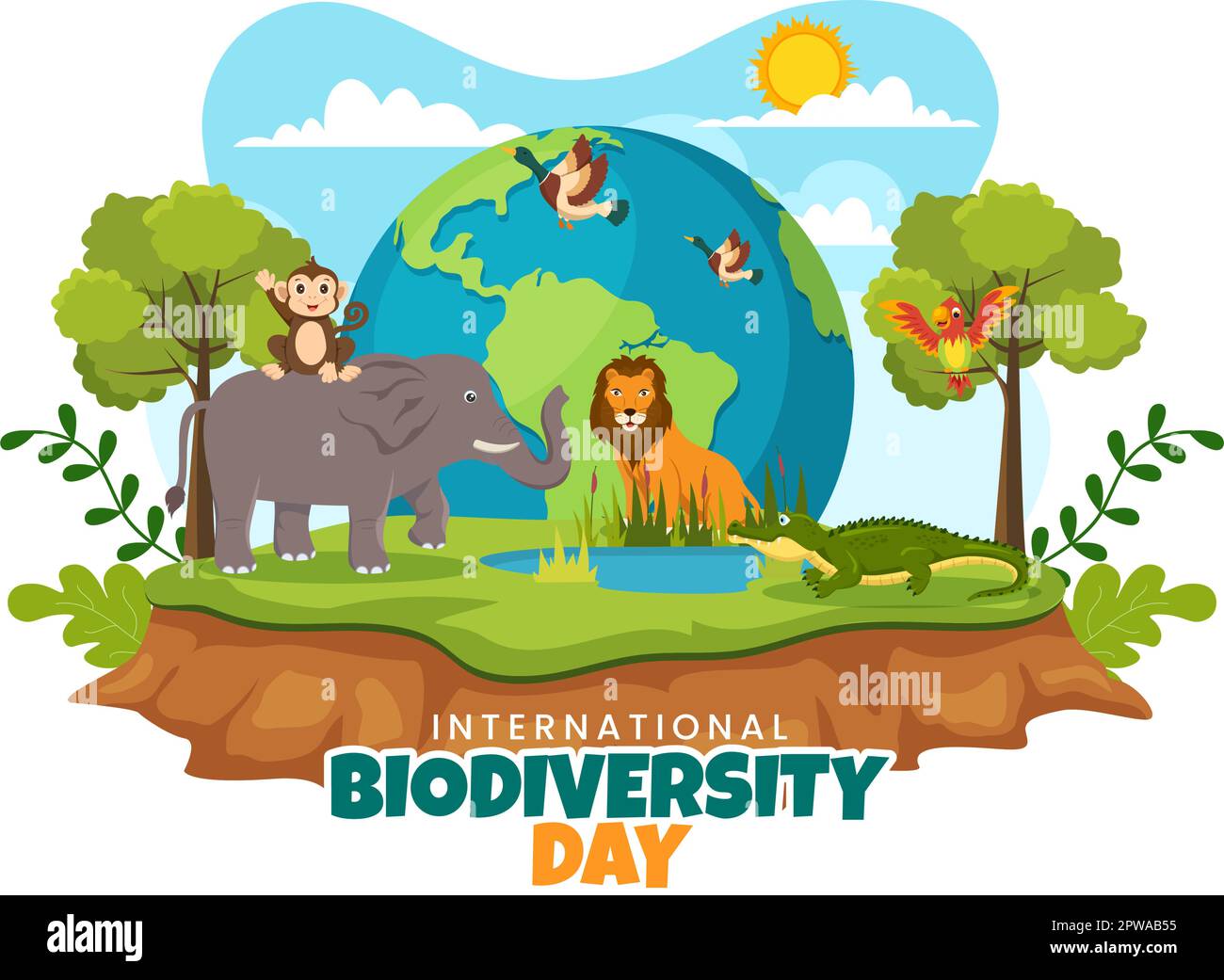 Giornata mondiale della biodiversità il 22 maggio Illustrazione con diversità biologica, Terra e animale in cartoon piano disegnata a mano per modelli di landing page Illustrazione Vettoriale