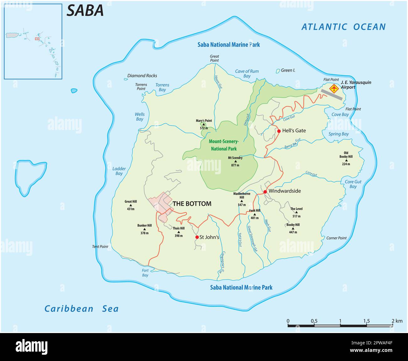 Mappa stradale vettoriale dell'isola caraibica di Saba Illustrazione Vettoriale