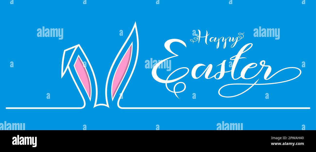 Coniglietto pasquale vettore orecchio con felice saluto pasquale. Sfondo blu. Illustrazione Vettoriale