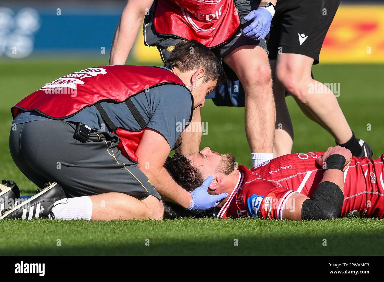 Durante la partita di semifinale della European Challenge Cup Llanelli Scarlets vs Glasgow Warriors al Parc y Scarlets di Llanelli, Regno Unito, 29th aprile 2023 (Foto di Craig Thomas/News Images) Foto Stock