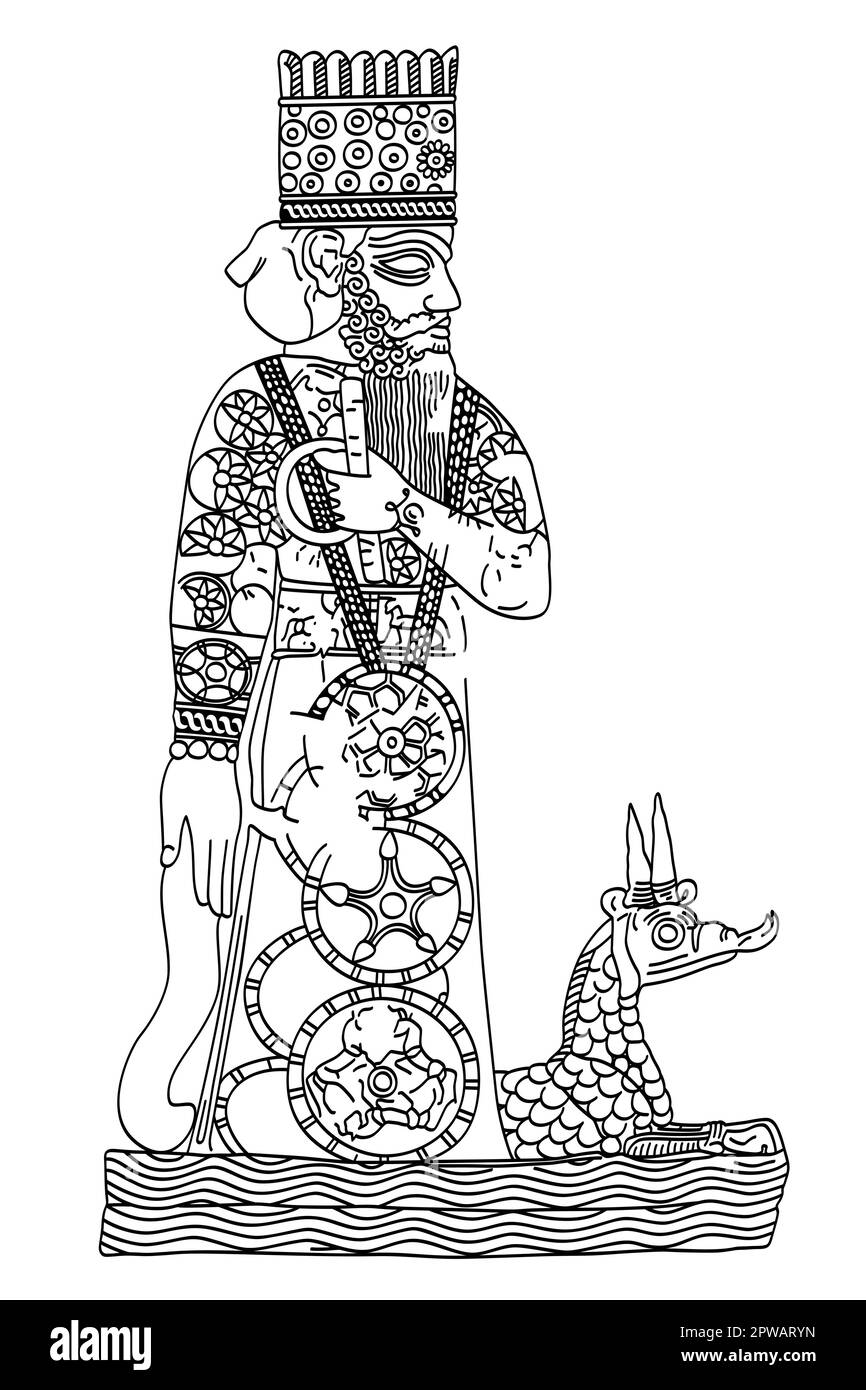 Statua di Marduk, antico dio mesopotamiano, con il suo drago servitore Illustrazione Vettoriale