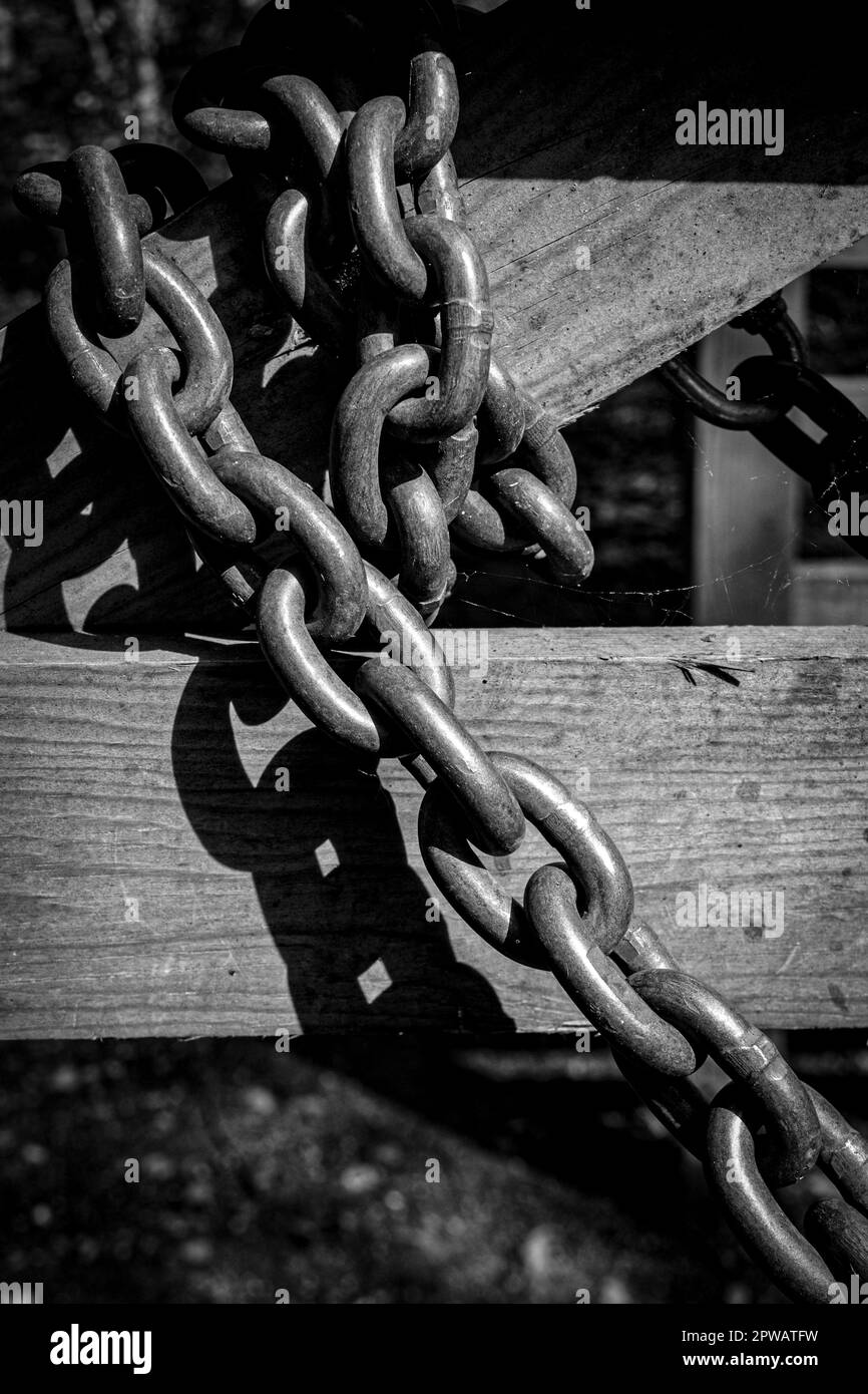 Grande catena metallica avvolta intorno ad un cancello di legno. Concetto di forza, sicurezza, legato, confezionato, sicuro, bloccato, concatenato Foto Stock