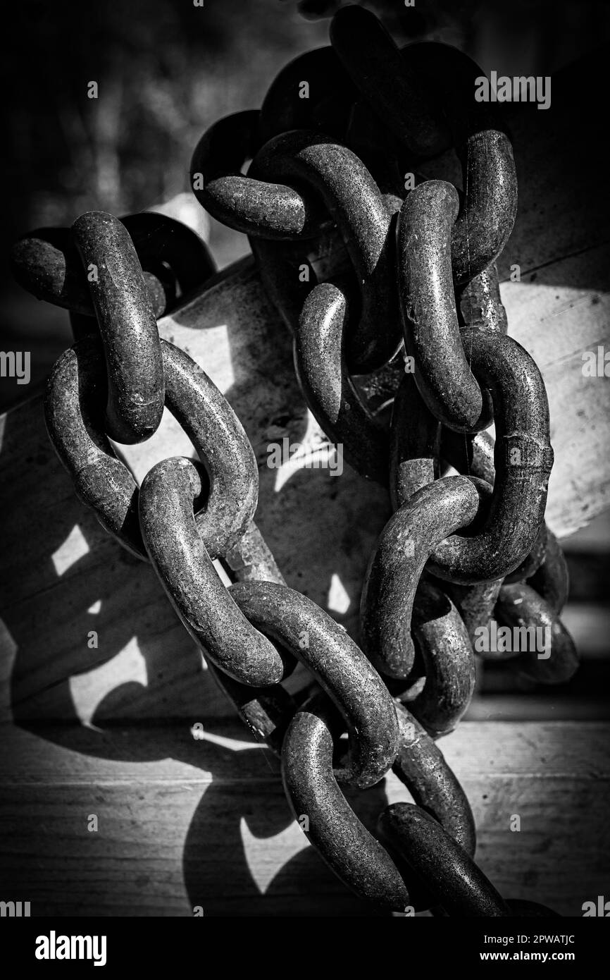 Grande catena metallica avvolta intorno ad un cancello di legno. Concetto di forza, sicurezza, legato, confezionato, sicuro, bloccato, concatenato Foto Stock