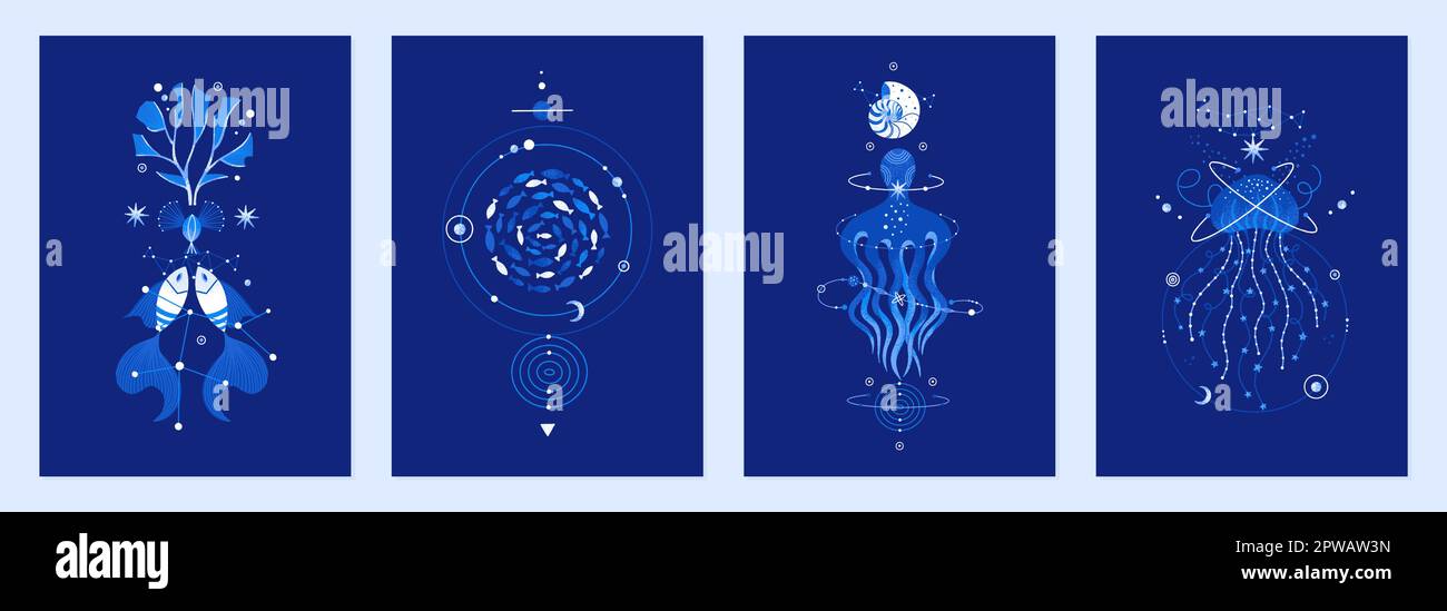 Set di illustrazioni vettoriali di creature cosmiche sottomarine. Vita marina decorata con costellazioni, stelle, pianeti. Magic spazio mare disegni per poster, copertine per notebook. Colori blu Illustrazione Vettoriale