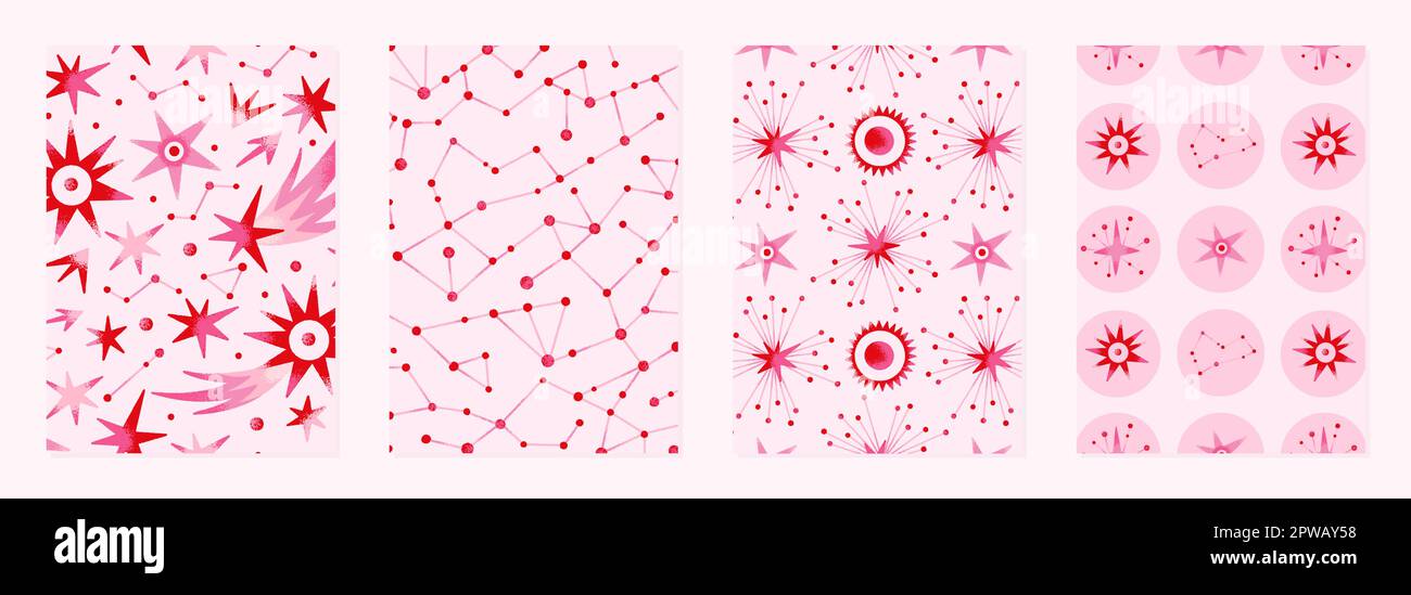 Set di illustrazioni vettoriali di corpi celesti astratti. Modelli di costellazioni, stelle, pianeti. Universo spaziale. Disegni esoterici cosmici per poster, copertine per notebook. Colori rosso e rosa Illustrazione Vettoriale