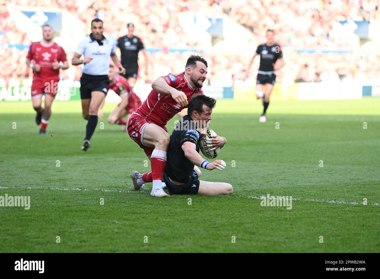 Llanelli, Regno Unito. 29th Apr, 2023. George Horne di Glasgow Warriors è affrontato durante la partita di semifinale della European Challenge Cup Llanelli Scarlets vs Glasgow Warriors al Parc y Scarlets di Llanelli, Regno Unito, 29th aprile 2023 (Photo by Craig Thomas/News Images) a Llanelli, Regno Unito, il 4/29/2023. (Foto di Craig Thomas/News Images/Sipa USA) Credit: Sipa USA/Alamy Live News Foto Stock