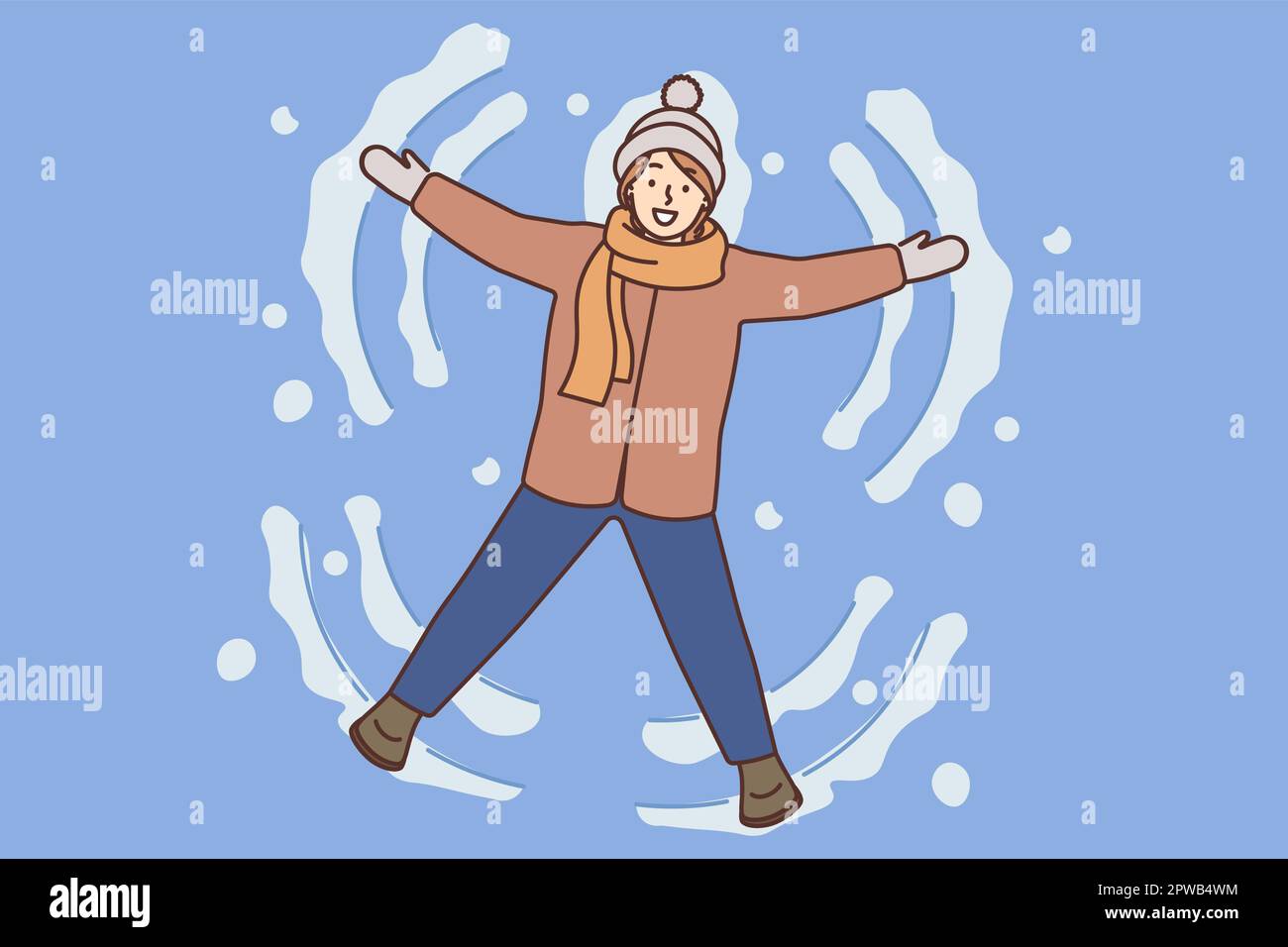 Ragazza sorridente fare angelo neve su terra d'inverno Illustrazione Vettoriale