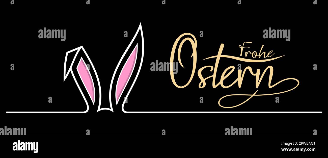 Coniglietto pasquale vettore con felice saluto pasquale in lingua tedesca. Sfondo nero. Illustrazione Vettoriale