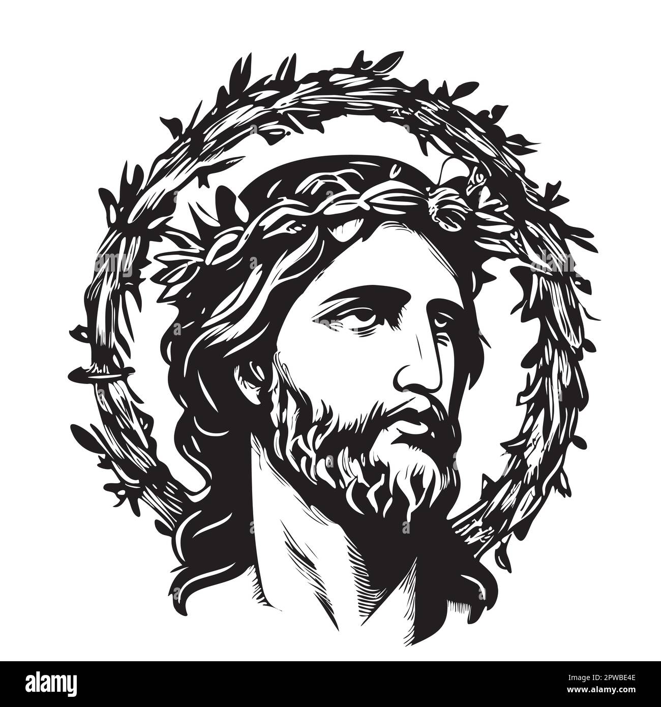 Ritratto di Gesù in una corona disegno disegnato a mano in stile doodle Vector Illustration Illustrazione Vettoriale