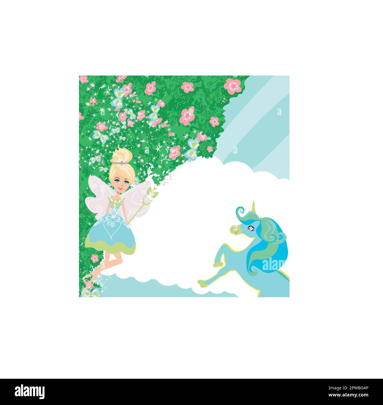 dolce fata con bacchetta magica e simpatico unicorno - bella cornice floreale Illustrazione Vettoriale