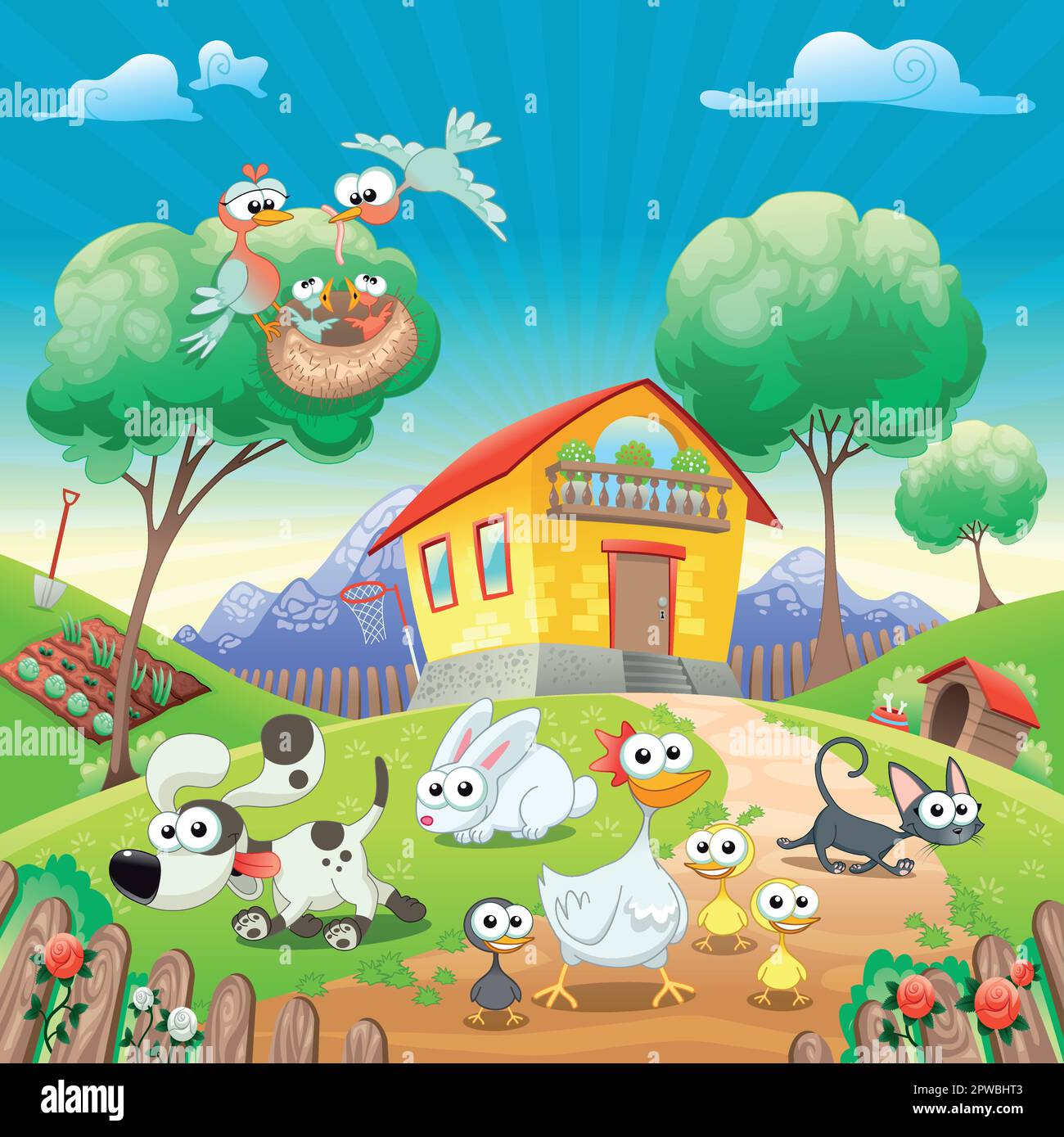 Casa con gli animali. Cartoni animati divertenti e illustrazione vettoriale. Oggetti isolati. Illustrazione Vettoriale