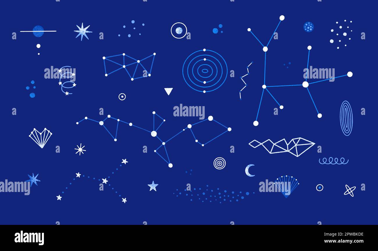 Set vettoriale di elementi di spazio astratto. Costellazioni isolate, stelle, pianeti. Clip celeste disegnata a mano Astrologia, astronomia. Decorazioni cosmiche per adesivi, stampa su abbigliamento. Colori blu e bianco Illustrazione Vettoriale