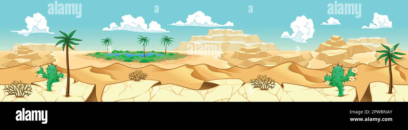 Deserto con oasi. Illustrazione vettoriale con misure: 6144x1536 pixel, adattabile allo schermo iPad. I lati si ripetono senza problemi per un possibile, conti... Illustrazione Vettoriale