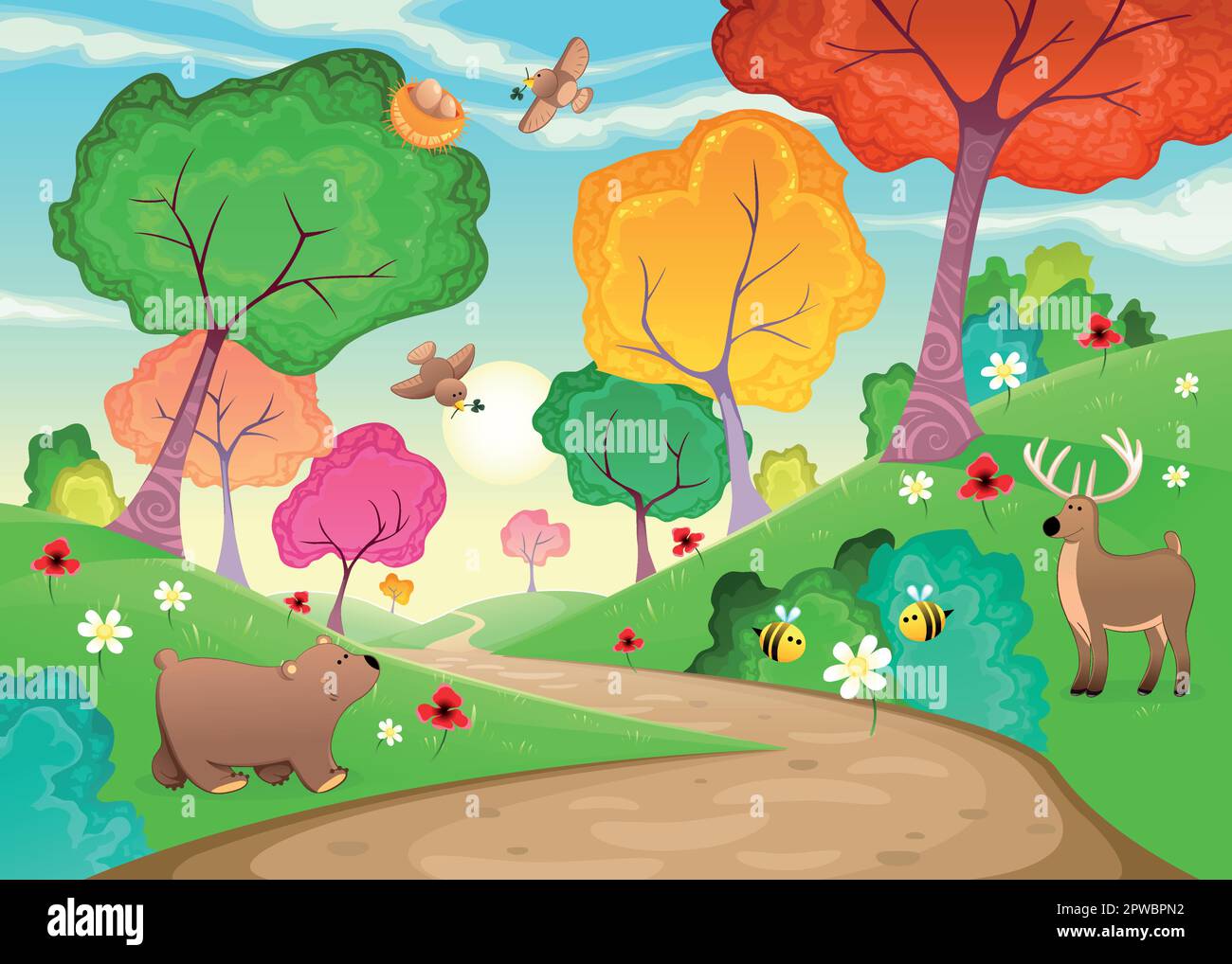 Famiglia di animali nel bosco. Cartoni animati e illustrazione vettoriale Illustrazione Vettoriale