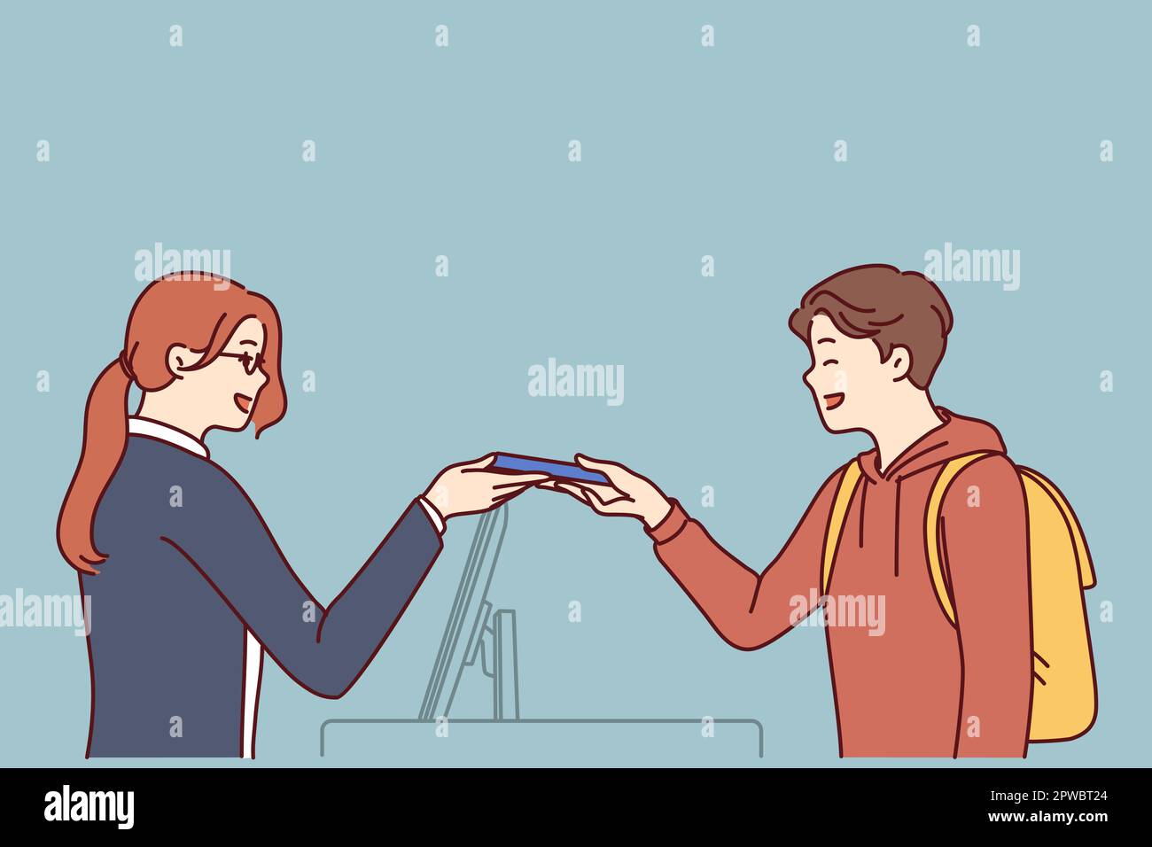 Una donna che lavora come segretaria o in hotel alla reception serve l'uomo tenendo fuori la chiave magnetica Illustrazione Vettoriale