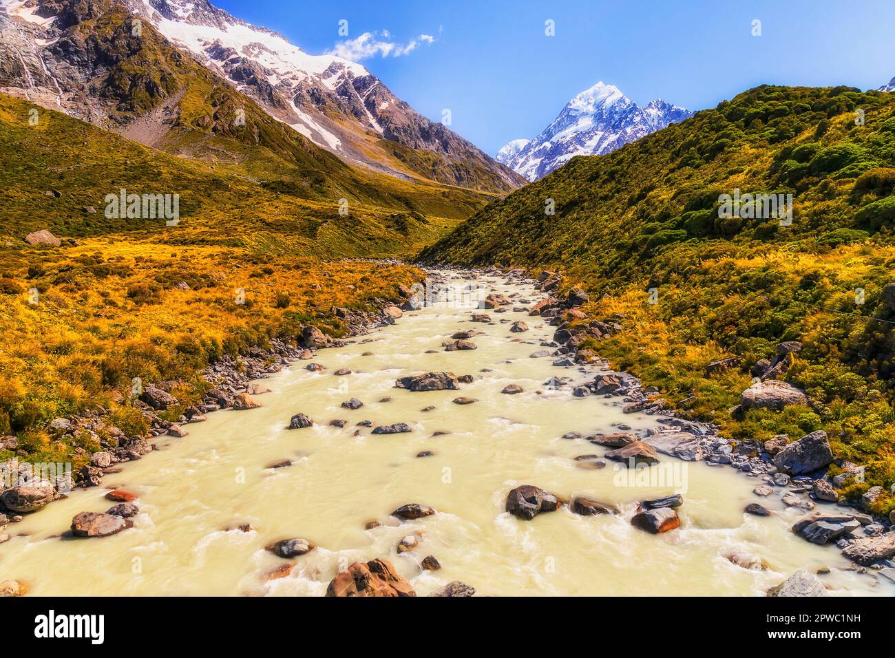 Torrente di montagna del fiume Tasman nel parco nazionale di Mt Cook sulla pista della valle di Hooker dal ponte sospeso alla cima di montagna innevata. Foto Stock