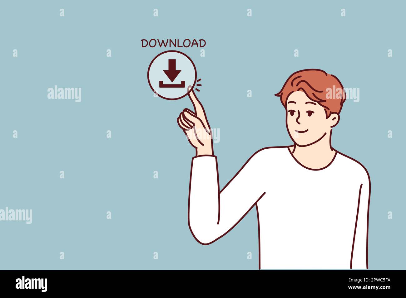Young man preme il pulsante di download sullo schermo per conoscere il concetto di consumo di contenuti web e di utilizzo della rete Illustrazione Vettoriale