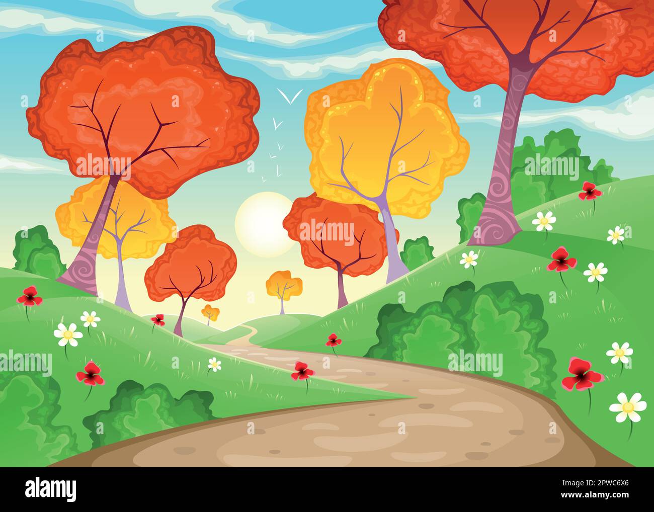 Paesaggio con alberi. Cartoni animati e illustrazione vettoriale Illustrazione Vettoriale