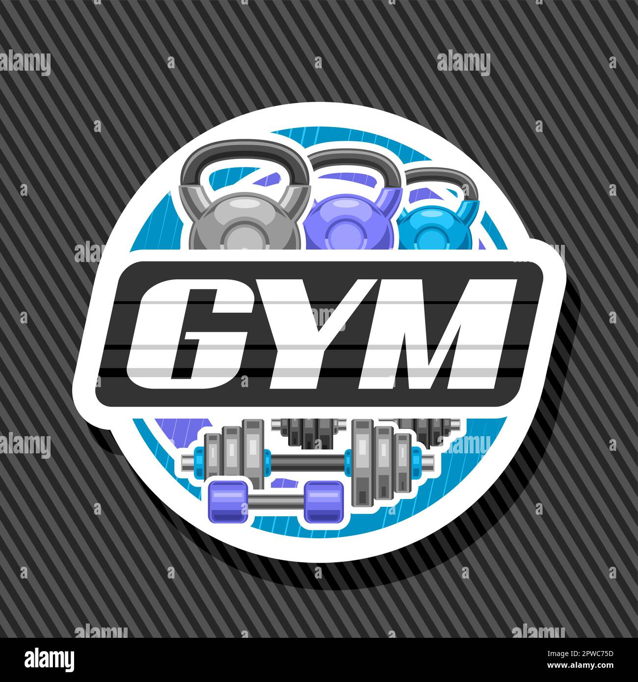 Logo vettoriale per palestra sportiva, cartellone decorativo bianco con illustrazione di gruppi diversi di manubri in metallo e kettlebells blu per palestra, pennello unico Illustrazione Vettoriale