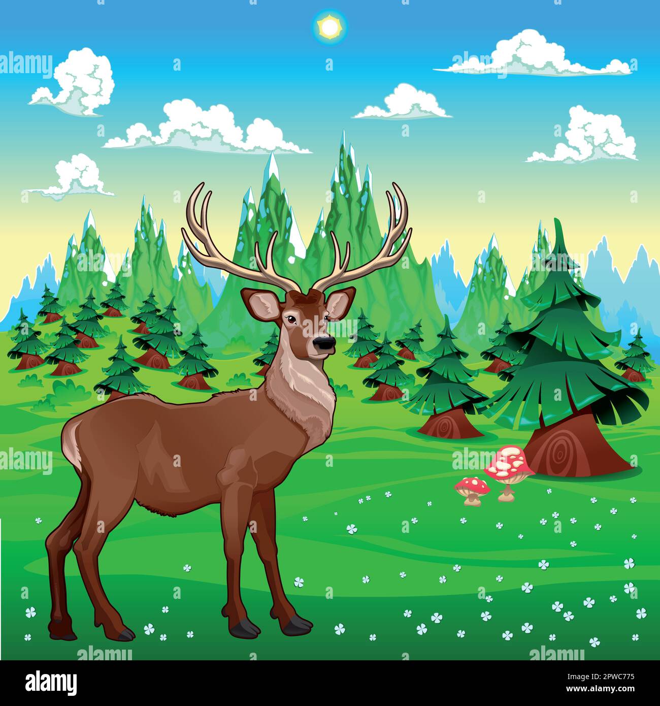 Cervi nel paesaggio montano. Illustrazione di cartoni animati vettoriali. Illustrazione Vettoriale