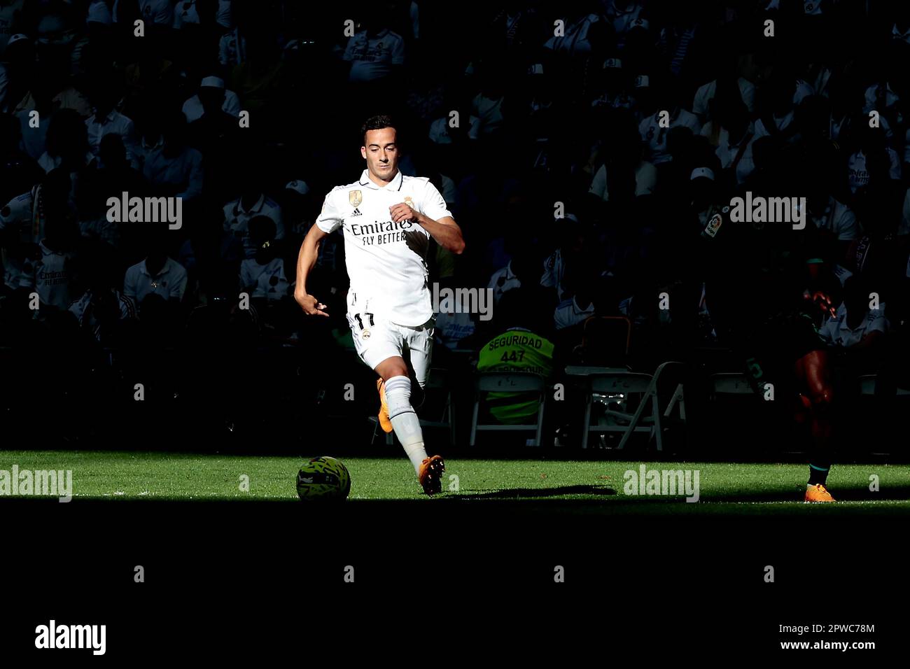 Madrid, Spagna. 29th Apr, 2023. Madrid, Spagna, 29.04.2023.- giocatore del Real Madrid Vazquez. Real Madrid vs Almeria partita della Lega di calcio spagnola il giorno 32 si tiene presso lo Stadio Santiago Bernabeu, nella capitale del Regno di Spagna. Risultato finale 4-2. Obiettivi del Real Madrid da Benzema 2 ,17 , 42 (P), Rodrygo 47 . Goal da Almeria Lazaro Vinicius 40' 5, e Lucas Robertone 61' Credit: Juan Carlos Rojas/dpa/Alamy Live News Foto Stock