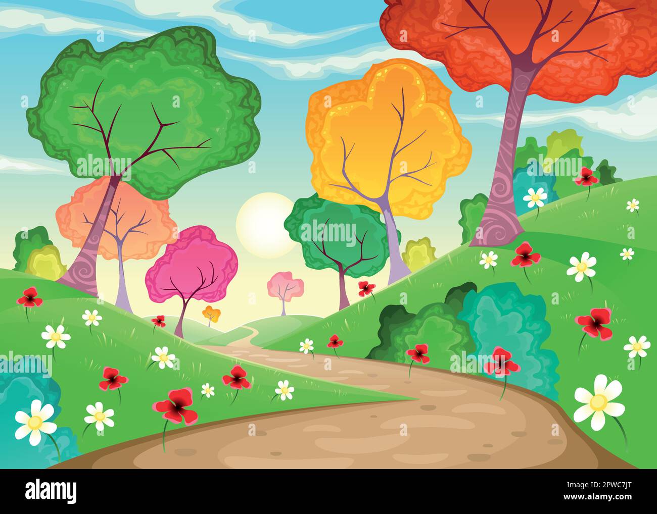 Paesaggio con alberi multicolore. Cartoni animati e illustrazione vettoriale Illustrazione Vettoriale