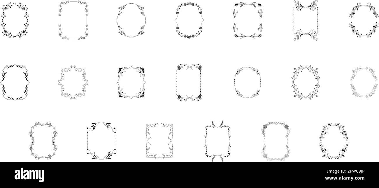 Set cornice invito matrimonio. Elegante carta bouquet floreale, elementi di benvenuto per matrimoni. Set di design di lusso per matrimoni e decorazioni. Decorazioni botaniche di erbe, rametti, rametti ed elementi vegetali Illustrazione Vettoriale