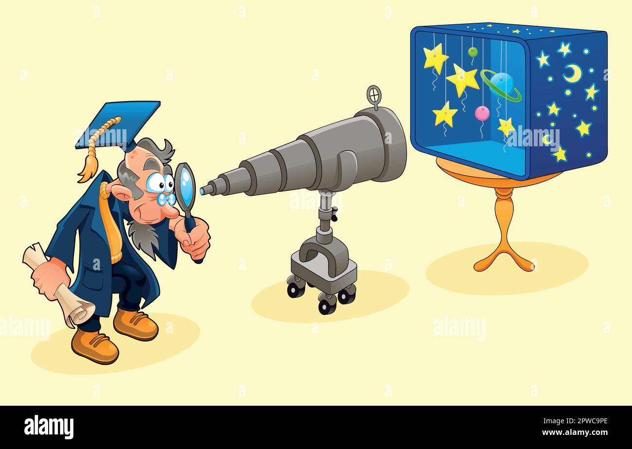 Scienziato con il telescopio. Cartone animato simbolico e illustrazione vettoriale. Illustrazione Vettoriale