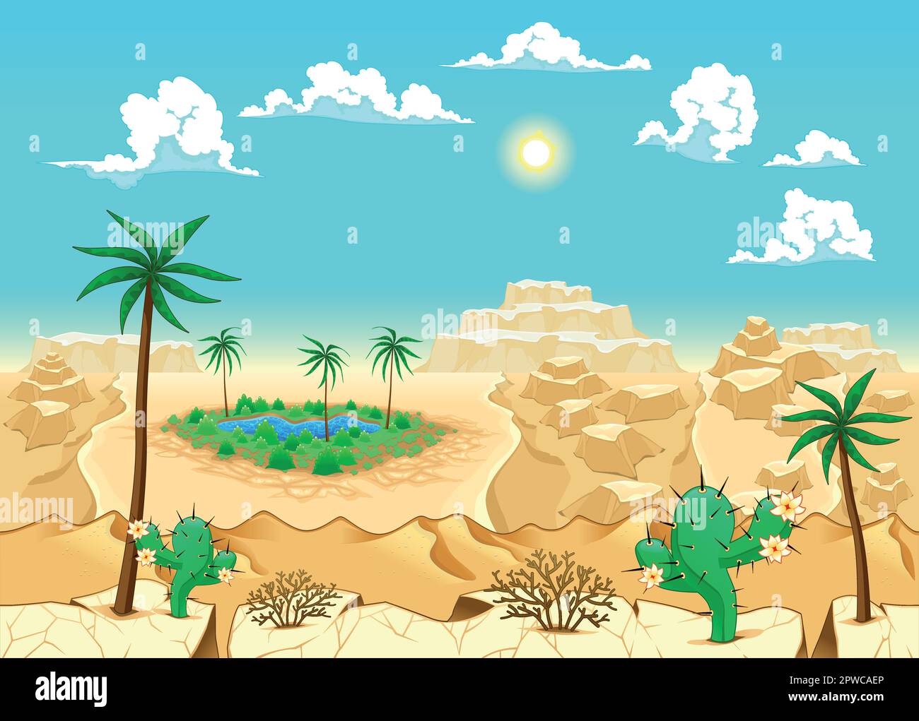 Deserto con oasi. Illustrazione vettoriale. I lati si ripetono senza interruzioni per una possibile animazione continua. Illustrazione Vettoriale