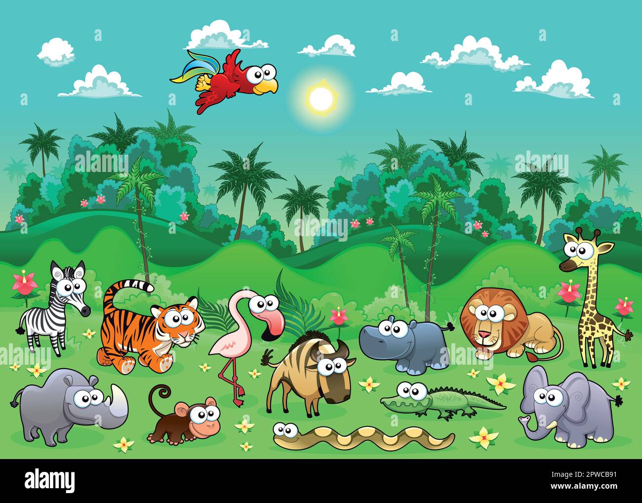 Animali della giungla. Cartoni animati divertenti e illustrazione  vettoriale Immagine e Vettoriale - Alamy