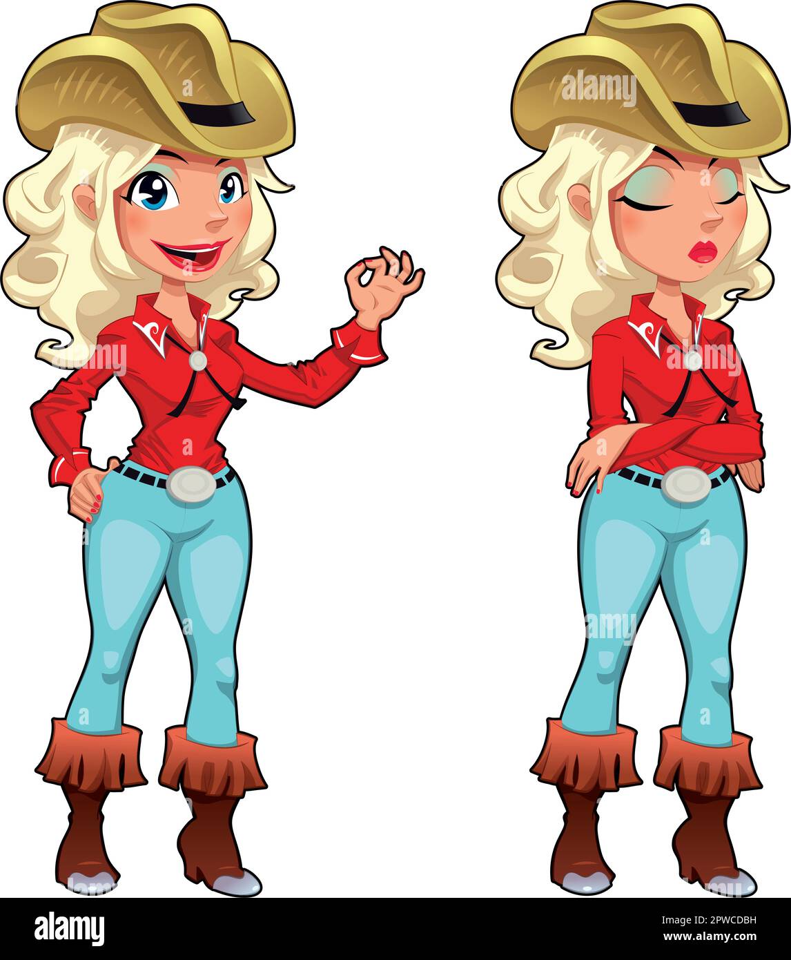 Espressioni Cowgirl. Simpatici cartoni animati e personaggi isolati vettoriali Illustrazione Vettoriale