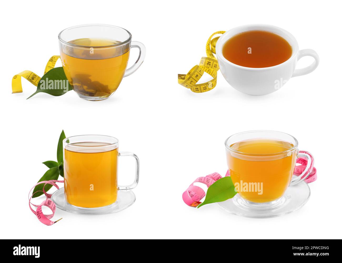 Set con tazze di tazza di tè a base di erbe perdita di peso su sfondo bianco Foto Stock