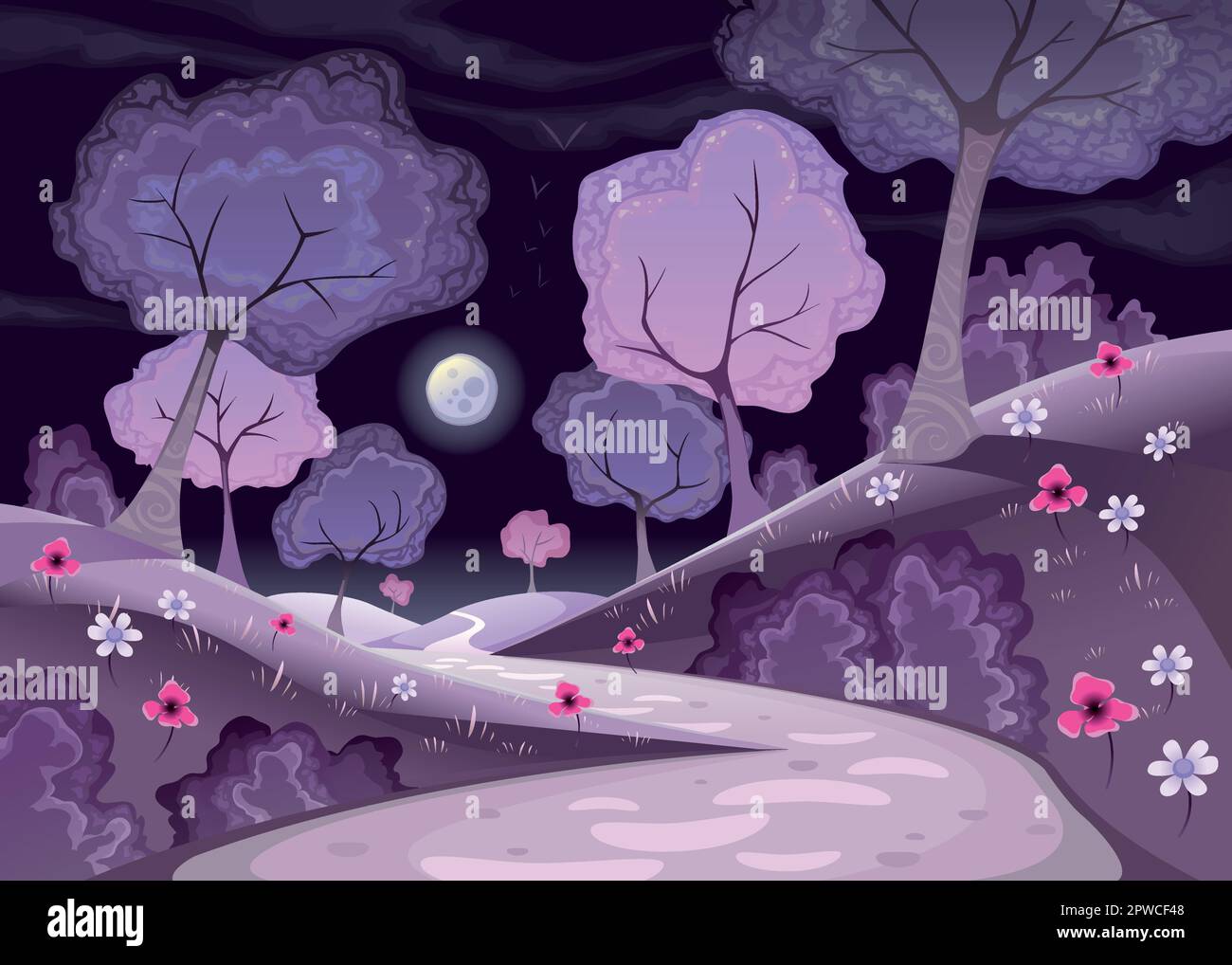Paesaggio con alberi e sentiero di notte. Cartoni animati e illustrazione vettoriale Illustrazione Vettoriale