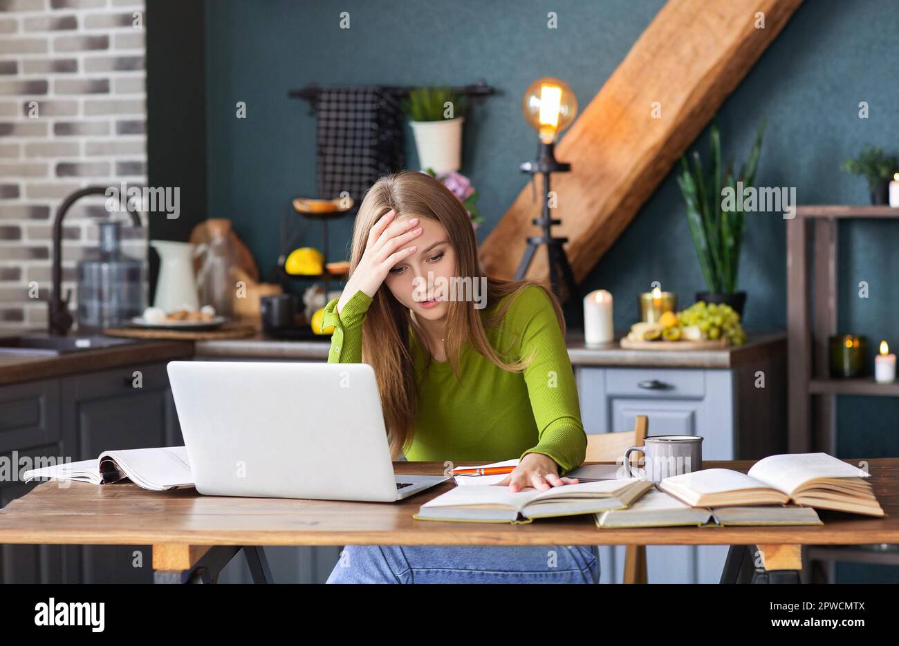Giovane donna pensosa freelancer seduto al tavolo a casa con un computer portatile, prendere appunti, guardare attentamente nel libro, pensare a nuove idee, donna Foto Stock