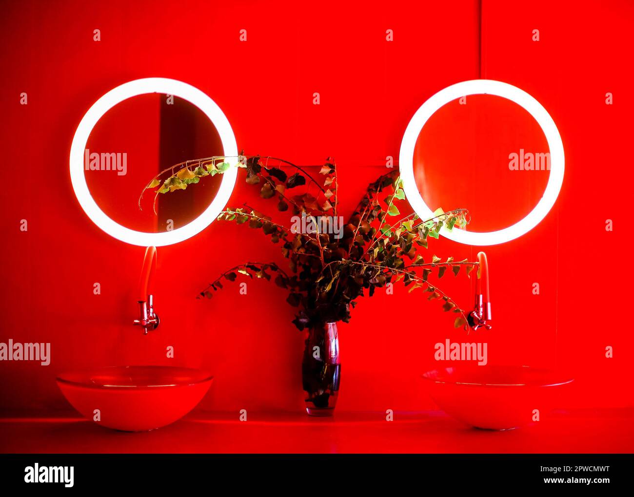 Foto del bagno moderno in tonalità rosse, due forme rotonde eleganti lavandini, vaso trasparente con rami e foglie, coppia di piccole dimensioni rotondo Foto Stock