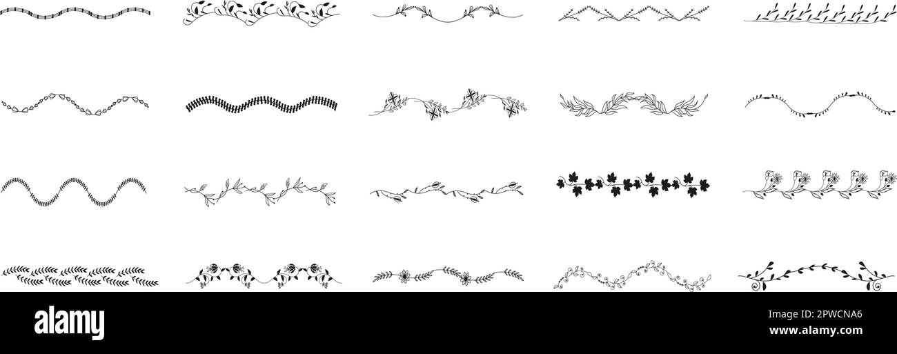 Set decorativo di bordi in rami d'edera inglese disegnati a mano. Ramoscelli, foglie, bacche, fiori, decorazioni naturali. Invito, biglietto di auguri, sfondo, invito di nozze, salvare la data. Illustrazione Vettoriale