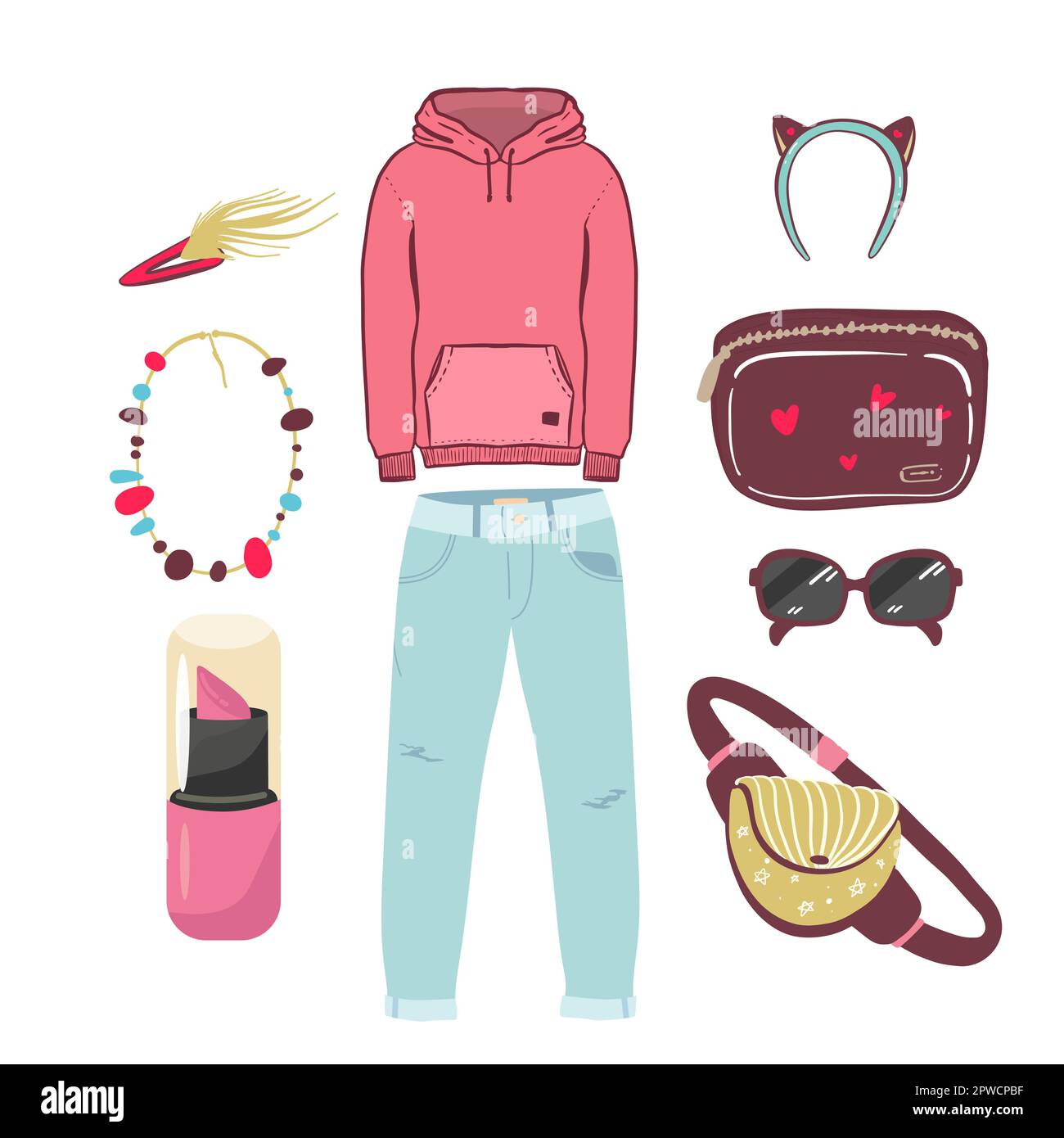 Collage vettoriale disegnato a mano di abiti e accessori da donna isolato su sfondo bianco. Un outfit dallo stile casual ed elegante e femminile. Felpa con cappuccio Illustrazione Vettoriale