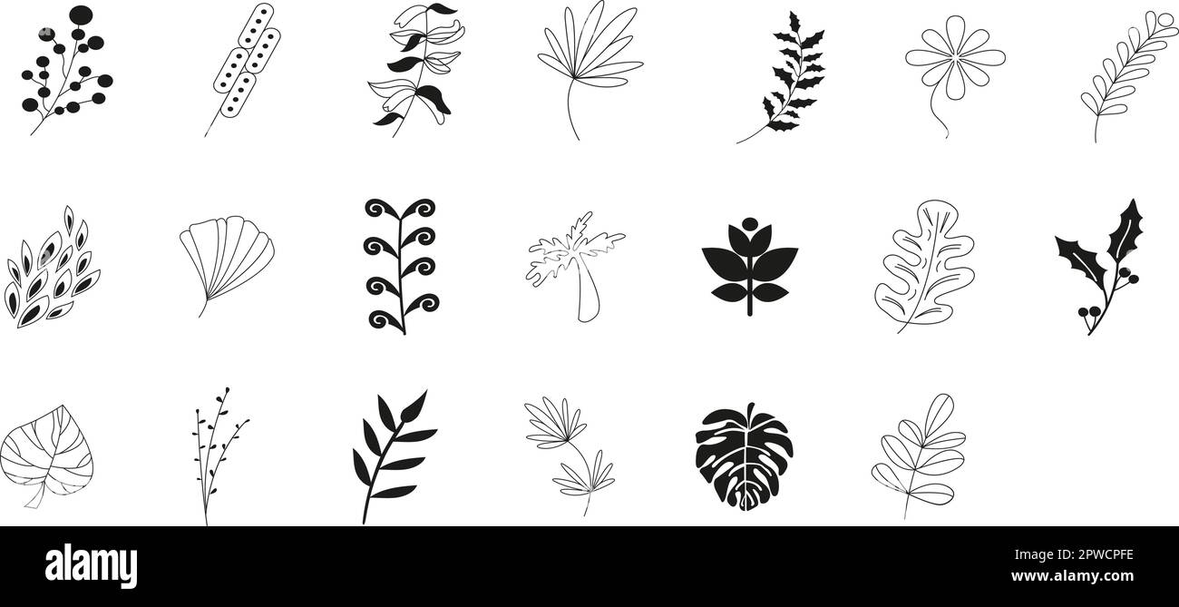 Raccolta rami disegnati a mano e foglie isolate su sfondo bianco. Set di elementi floreali per cartoni animati. Illustrazione botanica vettoriale. Laurel foglie corona e branca decorativa Illustrazione Vettoriale