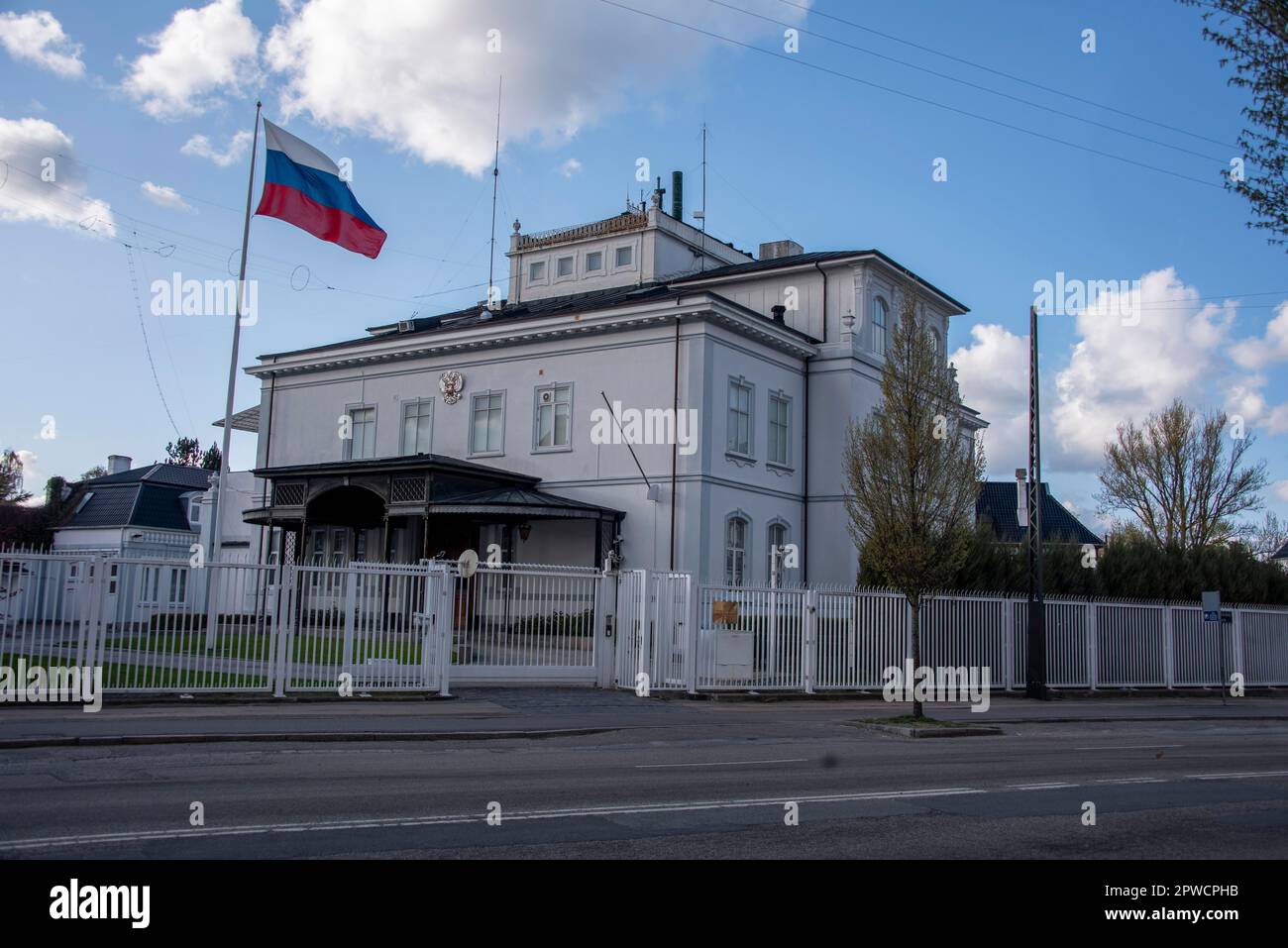 Ambasciata russa, bandiera nazionale russa, Copenaghen, Danimarca Foto Stock