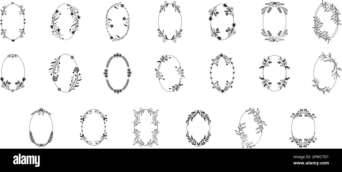 Cornici botaniche. Bordo con linea rotonda disegnata a mano, foglie e fiori, inviti e biglietti per matrimoni, design del logo e modello di poster. Elegante set vettoriale floreale minimal style. Illustrazione vettoriale Illustrazione Vettoriale