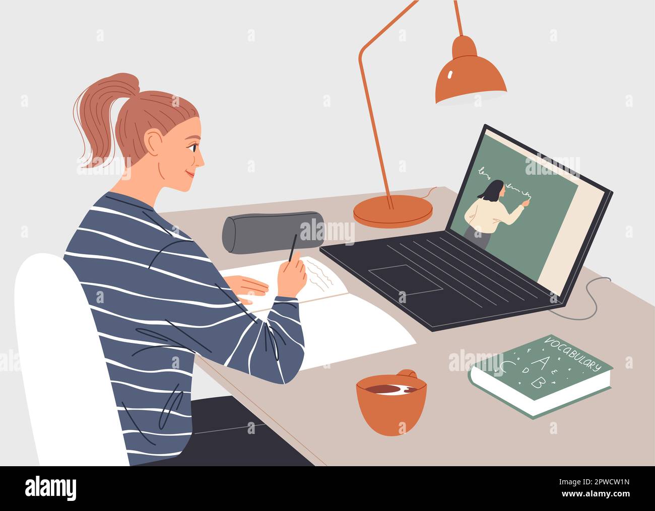 Donna che guarda una videoconferenza sullo schermo del notebook. Illustrazione Vettoriale