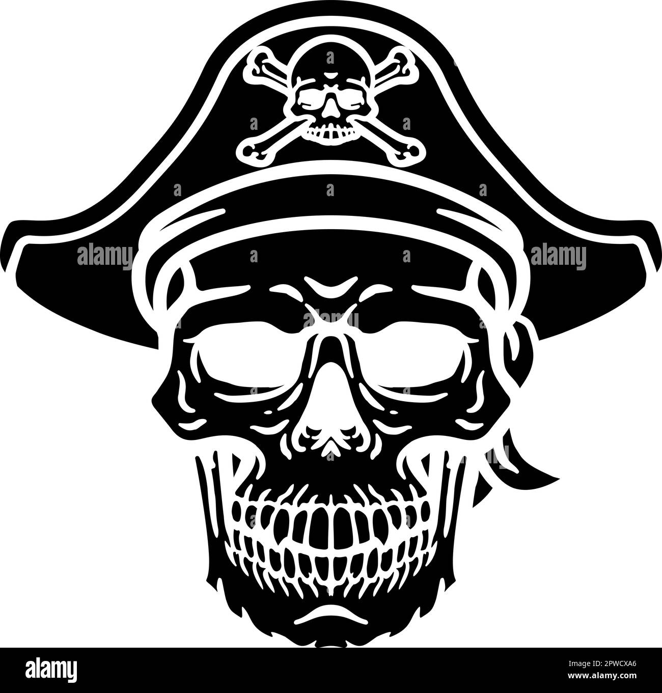 Cranio con cappello pirata e cartoon Crossbones Illustrazione Vettoriale