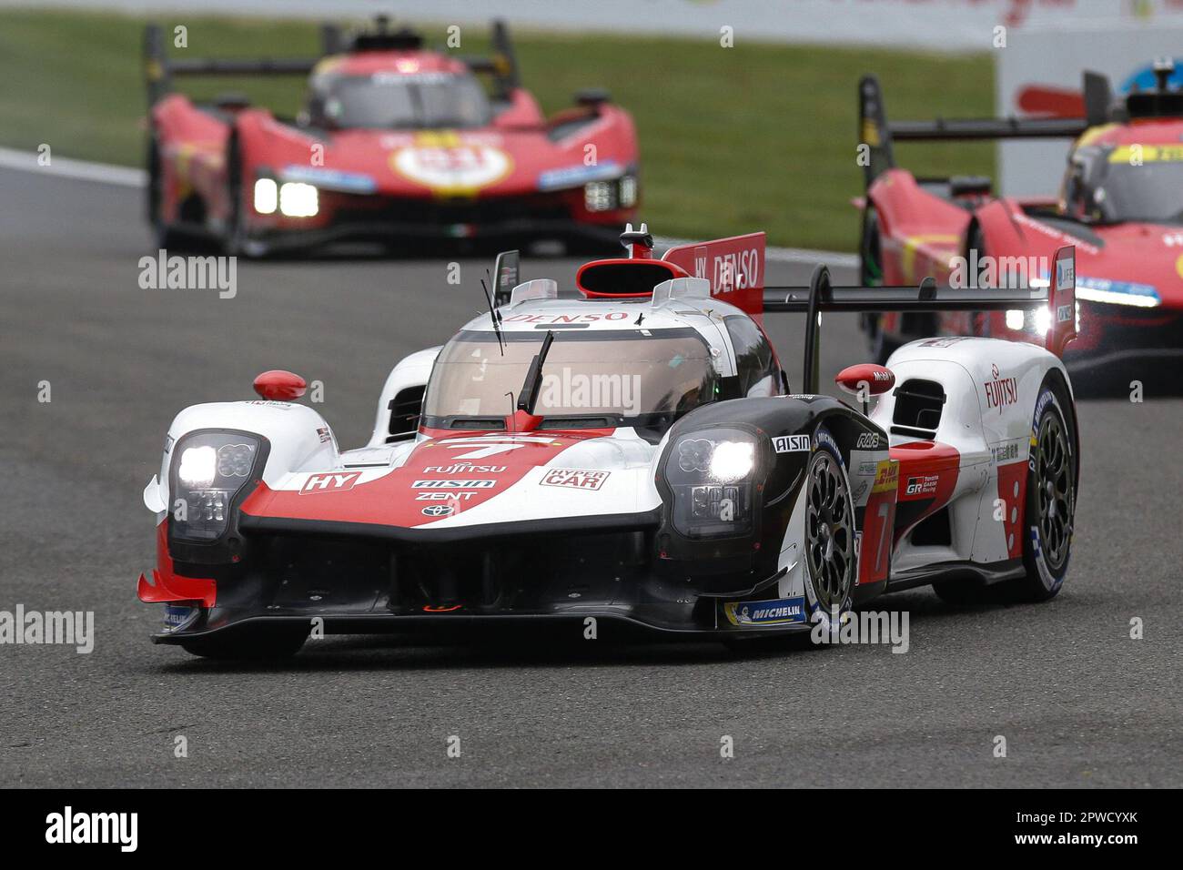 Stavelot, Belgio. 29th Apr, 2023. Toyota Gazoo Racing's Toyota GR010 Hybrid Racing car No. 7 della categoria Hypercar si vede durante la gara della 6 ore di Spa-Francorchamps, il terzo round del FIA World Endurance Championship (WEC) 2023 al circuito di Spa-Francorchamps di Stavelot, Belgio, 29 aprile 2023. Credit: Zheng Huansong/Xinhua/Alamy Live News Foto Stock