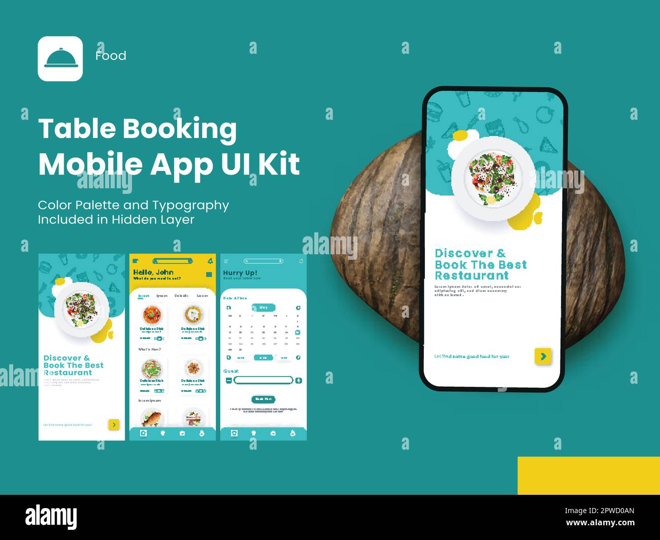 Kit interfaccia utente per app mobile Table Booking, inclusi accesso, registrazione, menu e dettagli del tavolo riservato per un sito Web reattivo. Illustrazione Vettoriale