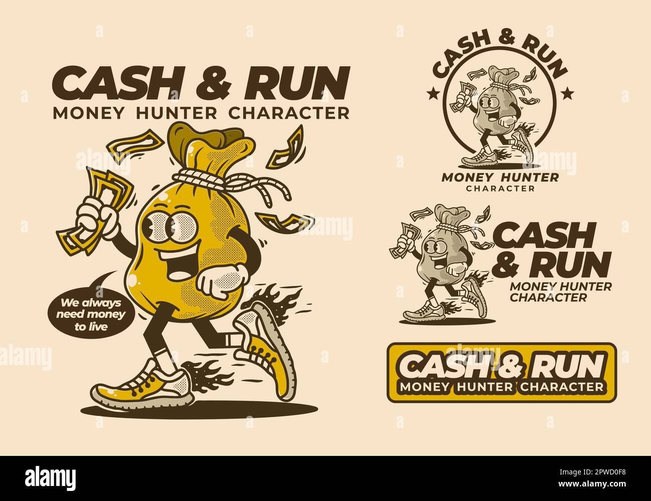 Design di carattere mascotte vintage del sacchetto di soldi che tiene i soldi Illustrazione Vettoriale